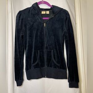 Preloved blu chic women's Black Velour Hoodie Zip Up Jacket w Pockets Size M
